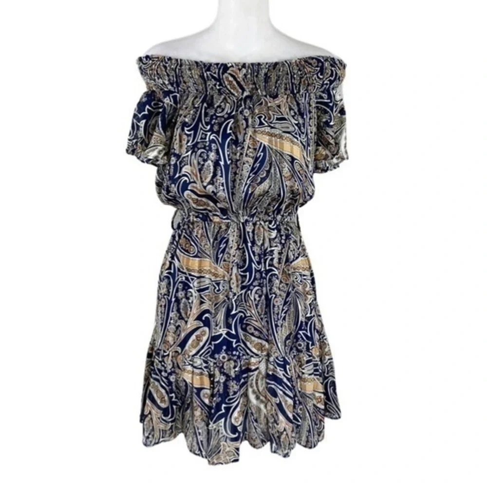 Lulu’s Always Right Navy Blue Multi Print Off-The-Shoulder Dress Small AD5